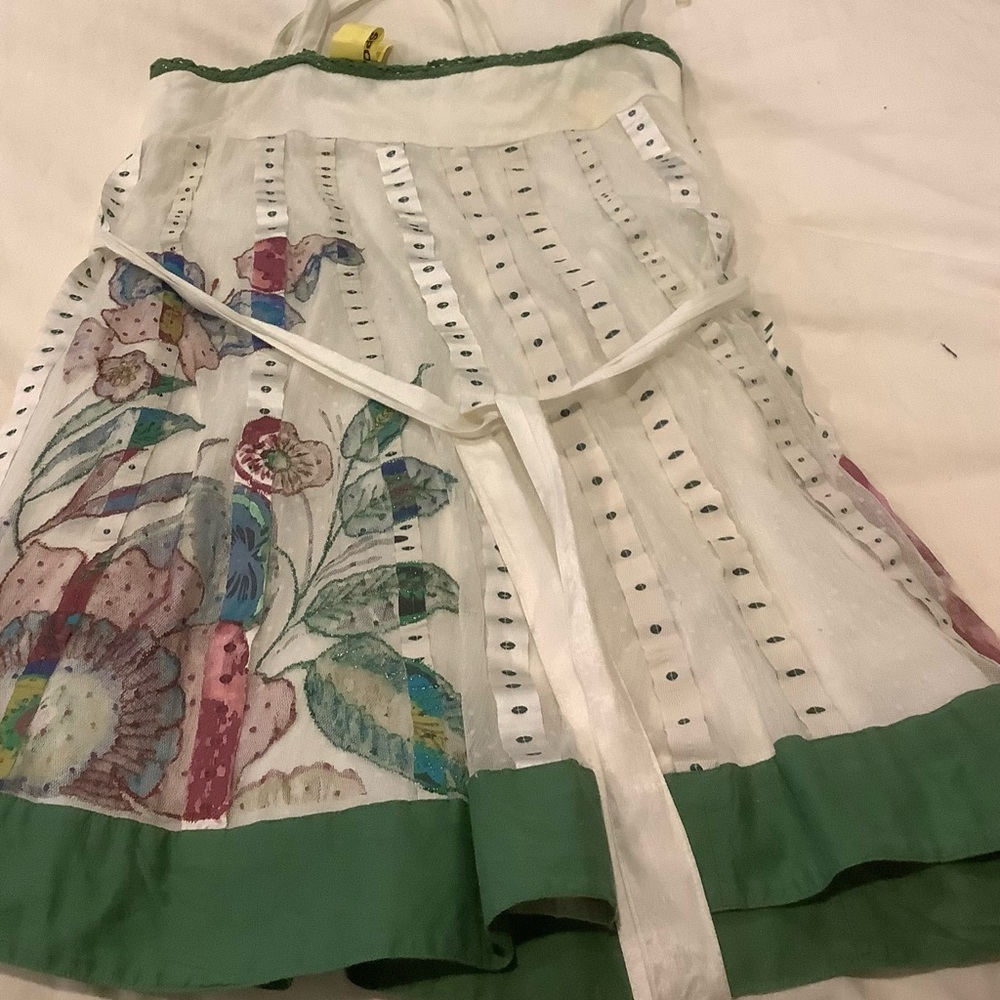 Floral White and Green Dress. Sheer overlay